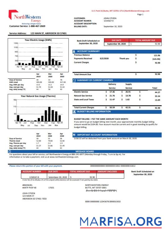 Редактируемый США NorthWestern Energy Счёт за коммунальные услуги Счёт Шаблон in Word and PDF Формат, Версия 2