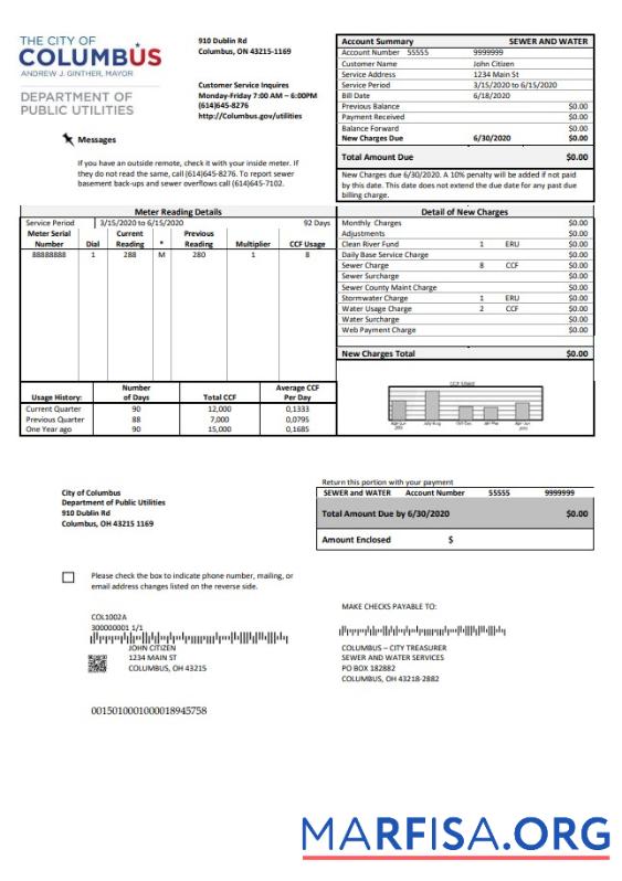Реалистичный США Ohio City of Columbus Счёт за коммунальные услуги Счёт Шаблон in Word and PDF Формат