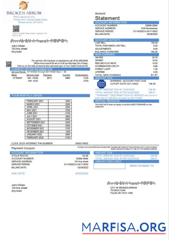 Реалистичный США Oklahoma City of Broken Arrow Счёт за коммунальные услуги Счёт Шаблон in Word and PDF Формат