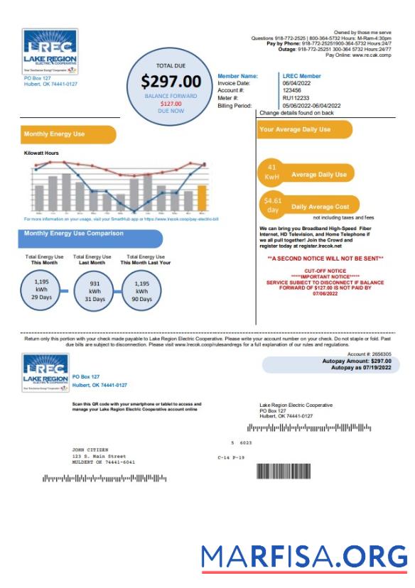 Редактируемый США Oklahoma LREC Lake Region Счёт за коммунальные услуги Счёт Шаблон in Word and PDF Формат