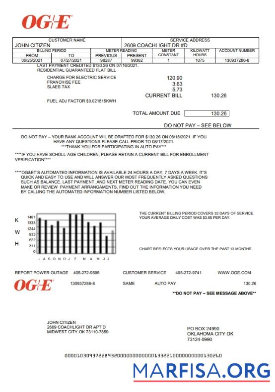 Редактируемый США Oklahoma OGE Energy Счёт за коммунальные услуги Счёт Шаблон in Word and PDF