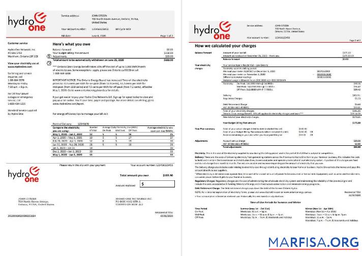 Профессиональный США OntarioΓÇÖs Hydro One Электричество Счёт за коммунальные услуги Счёт Шаблон in Word and PDF Формат (2 pages)