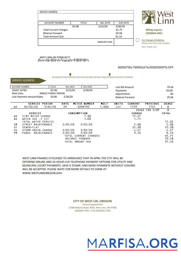Реалистичный США Oregon City of West Linn Счёт за коммунальные услуги Счёт Шаблон in Word and PDF Формат