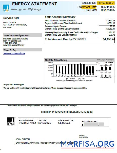 Высокое Качество США PG&E Счёт за коммунальные услуги Счёт Шаблон in Word and PDF Форматы, Версия 2