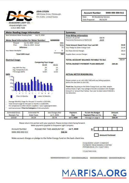 Высокое Качество США Pennsylvania Duquesne light Счёт за коммунальные услуги Счёт Шаблон in Word and PDF Формат