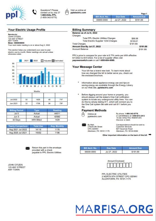 Высокое Качество США Pennsylvania PPL Electric Счёт за коммунальные услуги Счёт Шаблон in Word and PDF Формат