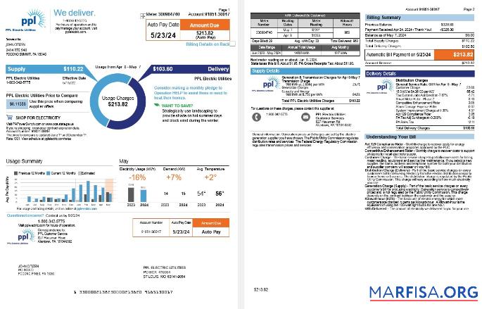 США Pennsylvania PPL electric Счёт за коммунальные услуги Счёт, 3 pages дизайн