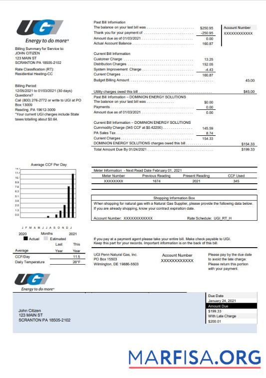Высокое Качество США Pennsylvania UGI Utilities Счёт за коммунальные услуги Счёт Шаблон in Word and PDF Формат
