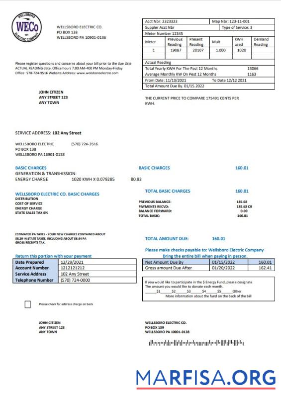 Профессиональный США Pennsylvania Wellsboro Electric Счёт за коммунальные услуги Счёт Шаблон in Word and PDF Формат