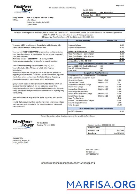 Высокое Качество США Pennsylvania West Penn Power Счёт за коммунальные услуги Счёт Шаблон in Word and PDF Формат