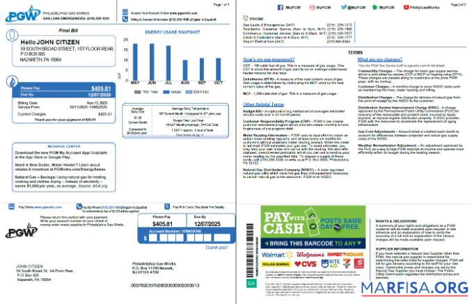 Редактируемый США Philadelphia Газ Works Счёт за коммунальные услуги Счёт Шаблон in Word and PDF Форматы, 3 pages, 1 2 pages