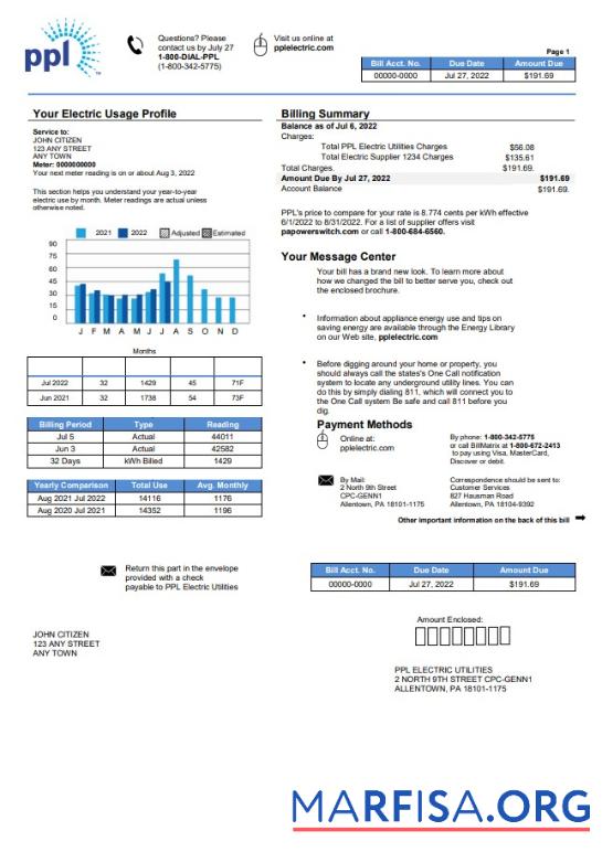 Высокое Качество США Philadelphia PPL Счёт за коммунальные услуги Счёт Шаблон in Word and PDF Формат