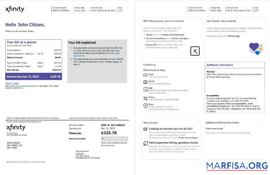 Премиум США Philadelphia Xfinity Счёт за коммунальные услуги Счёт Word and PDF Шаблон, 4 pages 1 2
