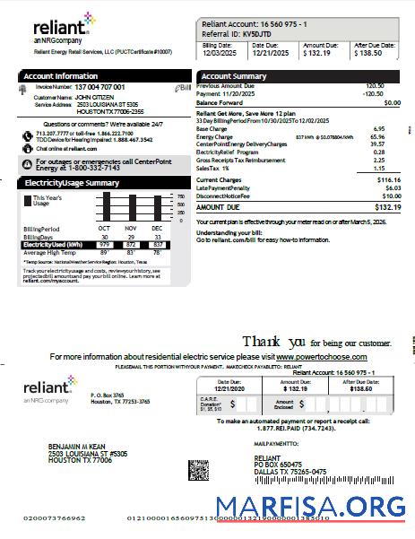 Высокое Качество США Reliant Energy Счёт за коммунальные услуги Счёт Шаблон in Word and PDF Форматы, Версия 2