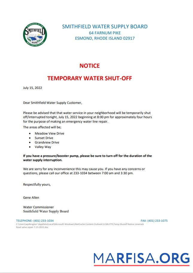 Реалистичный США Rhode Island Smithfield Вода supply board Вода shut off notice, Word and PDF Шаблон