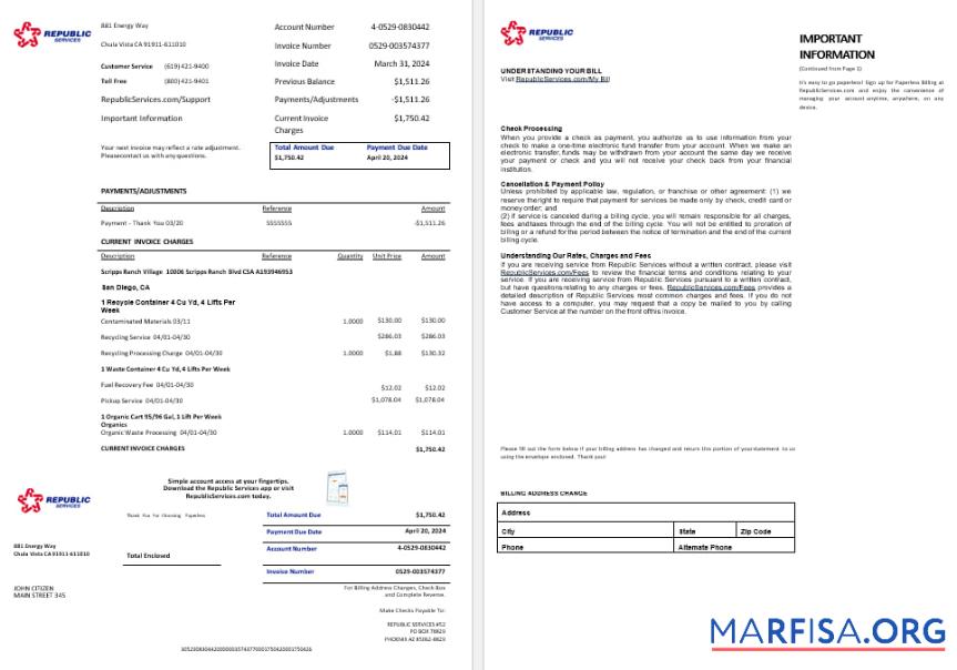 США Rpublic Services energy Счёт за коммунальные услуги bil Word and PDF Форматы, 2 pages шаблон