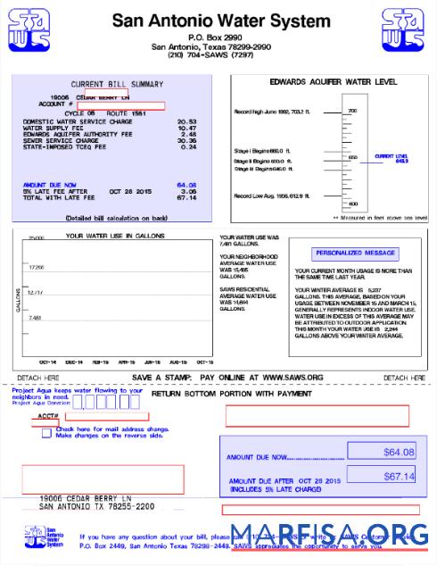 Реалистичный США SAN ANTONIO Вода Система Счёт за коммунальные услуги Счёт Word and PDF Шаблон