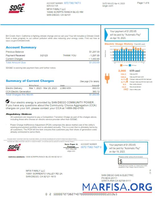 Высокое Качество США SDGE Счёт за коммунальные услуги Счёт Word and PDF Шаблон