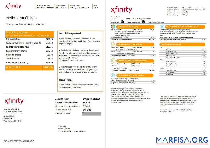 Высокое Качество США San Francisco Xfinity Comcast Счёт за коммунальные услуги Счёт Шаблон in Word and PDF Формат (2 pages)