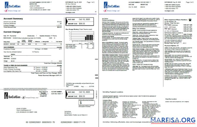 Реалистичный США So Cal Газ Счёт за коммунальные услуги Счёт Шаблон in Word and PDF Форматы, 2 pages, Версия 2