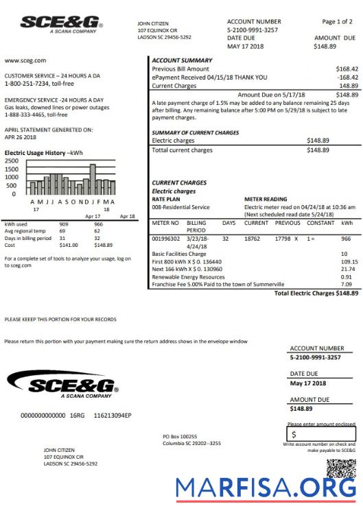 Высокое Качество США South Carolina SCE&G Электричество Счёт за коммунальные услуги Счёт Шаблон in Word and PDF Формат