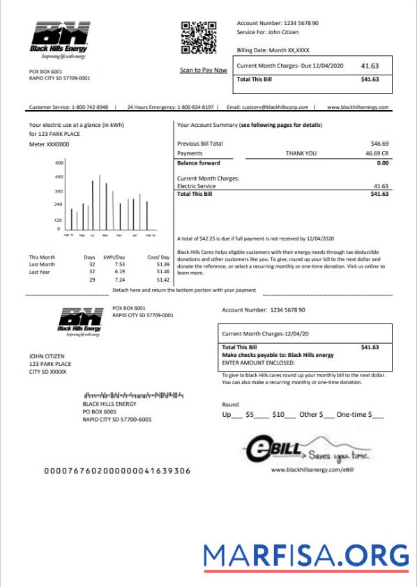 Реалистичный США South Dakota Black Hills Energy Счёт за коммунальные услуги Счёт Шаблон in Word and PDF Формат