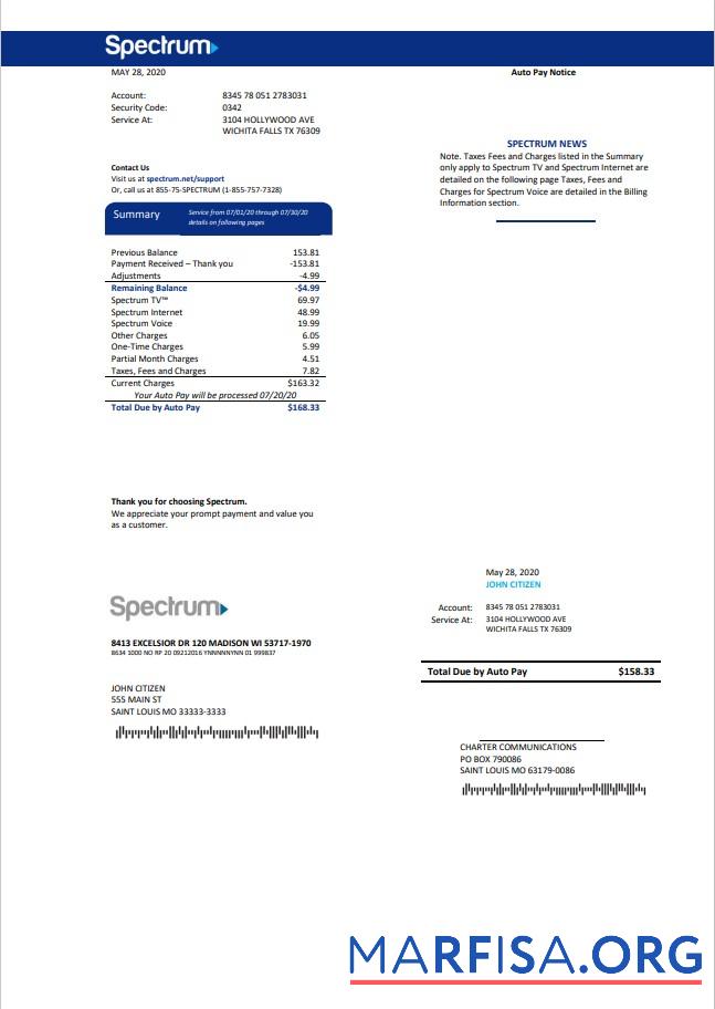Высокое Качество США Spectrum Счёт за коммунальные услуги Счёт Шаблон in Word and PDF Формат (.doc and .PDF)