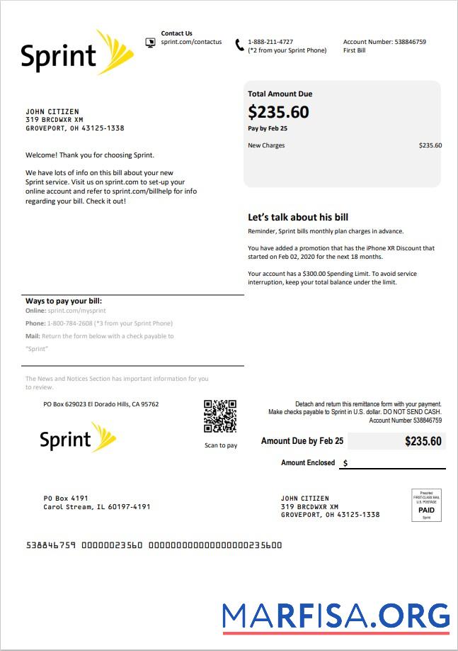Премиум США Sprint (T Mobile) Счёт за коммунальные услуги Счёт Шаблон in Word and PDF Формат