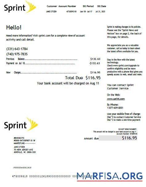Высокое Качество США Sprint Счёт за коммунальные услуги Счёт Шаблон in Word and PDF Форматы, Версия 2
