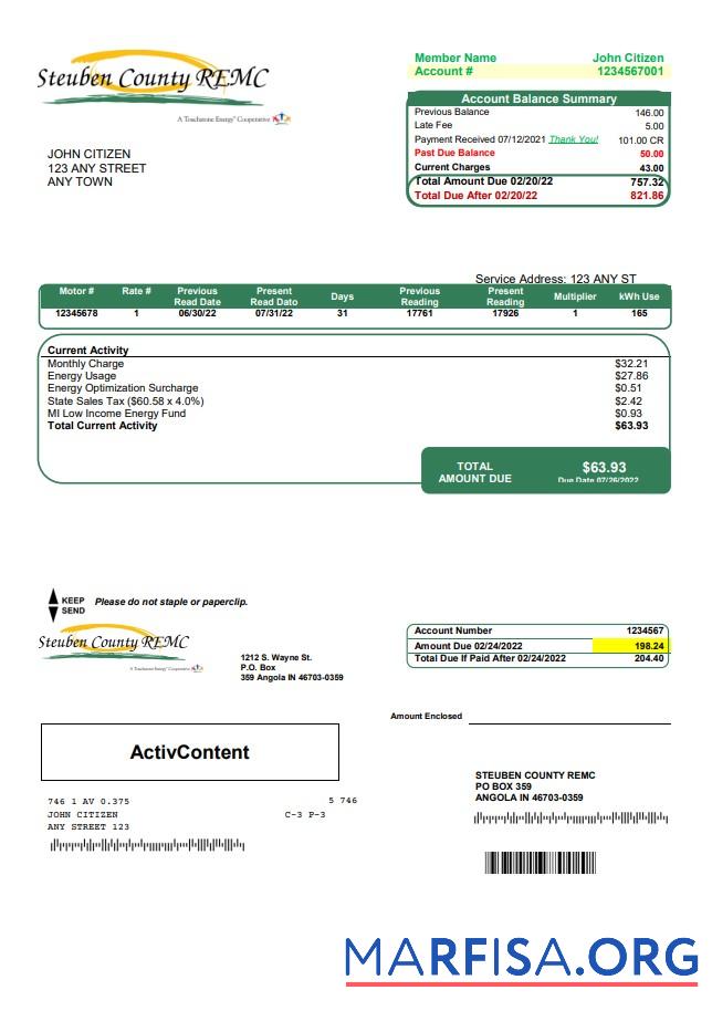 Реалистичный США Steuben Country REMC Счёт за коммунальные услуги Счёт Шаблон in Word and PDF Формат