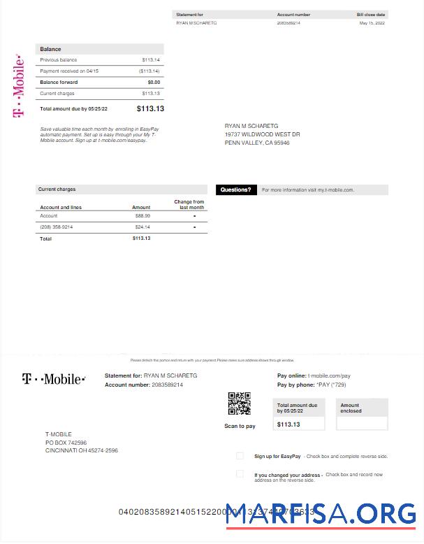 Редактируемый США T MOBILE Счёт за коммунальные услуги Счёт Word and PDF Шаблон