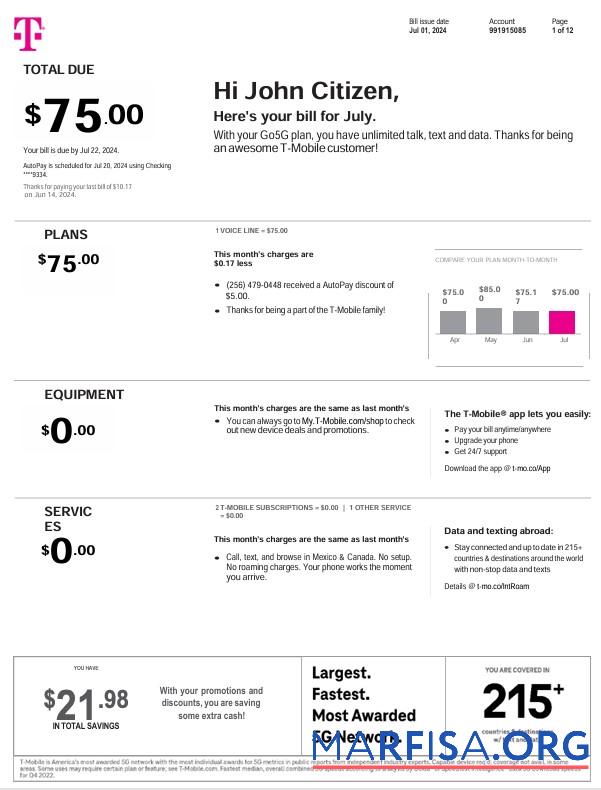 США T Mobile Monthly Счёт за коммунальные услуги Счёт 12 pages образец