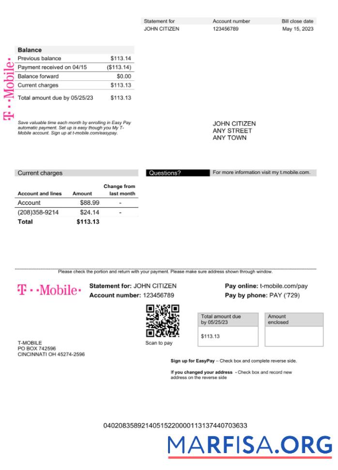 Премиум США T Mobile Счёт за коммунальные услуги Счёт Word and PDF Шаблон (1)