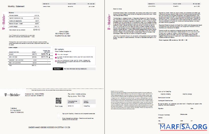 Премиум США T mobile Счёт за коммунальные услуги Счёт Шаблон in Word and PDF Форматы, 2 pages, Версия 2