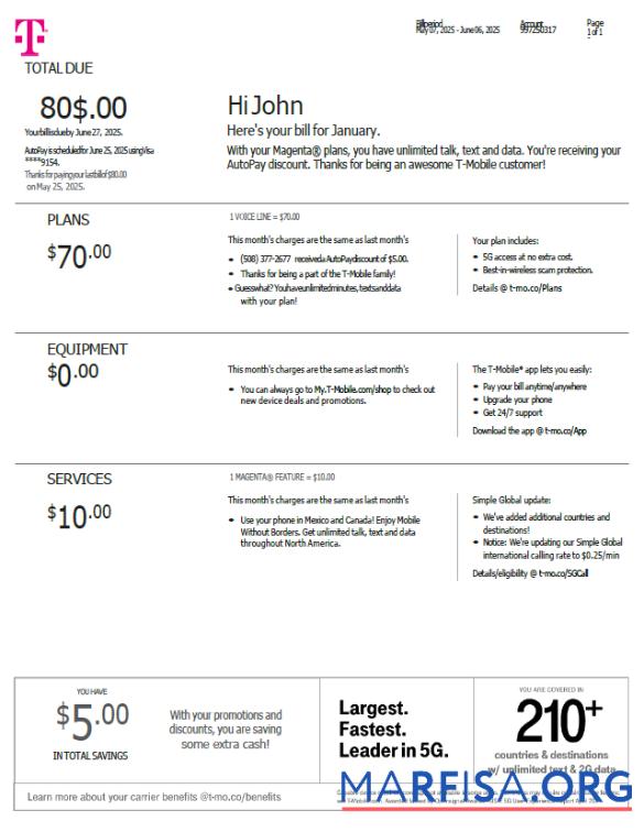Премиум США T mobile Счёт за коммунальные услуги Счёт Шаблон in Word and PDF Форматы, Версия 3