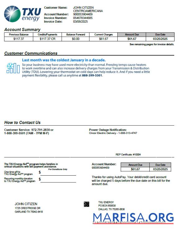Реалистичный США TXU Energy Счёт за коммунальные услуги Счёт Шаблон in Word and PDF Форматы, Версия 4