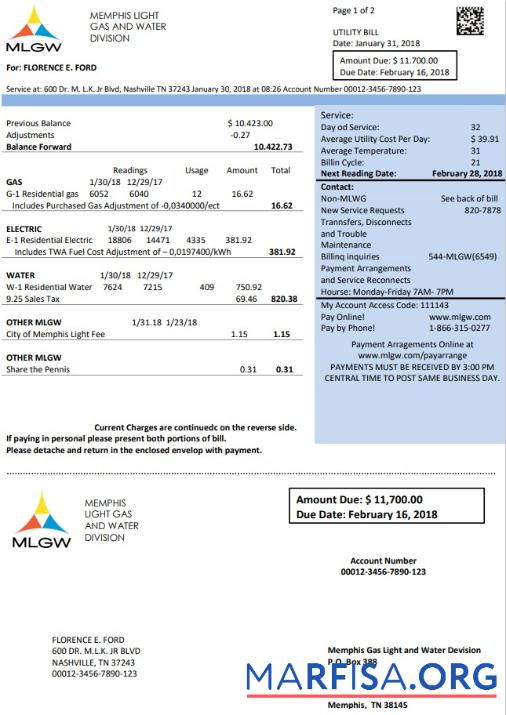 Высокое Качество США Tennessee MLGW Счёт за коммунальные услуги Счёт Шаблон in Word and PDF Формат