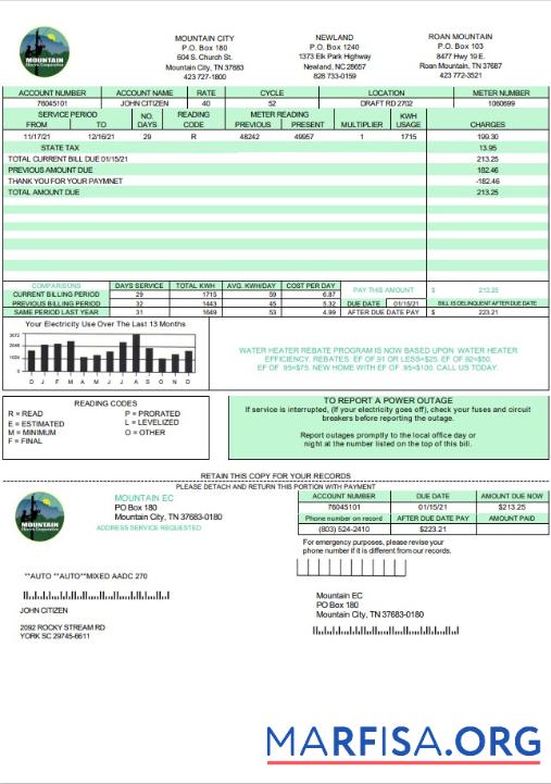 Премиум США Tennessee Mountain Electric Cooperative, Inc. (MEC) Счёт за коммунальные услуги Счёт Шаблон in Word and PDF Формат