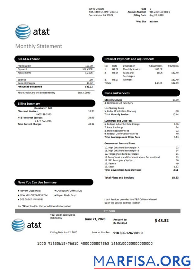 Высокое Качество США Texas AT&T easy to fill Счёт за коммунальные услуги Счёт Шаблон in Word and PDF Формат