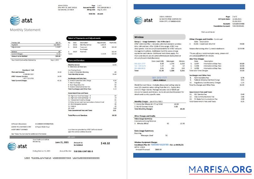 Реалистичный США Texas AT&T telecommunications Счёт за коммунальные услуги Счёт Шаблон in Word and PDF Формат (2 pages)