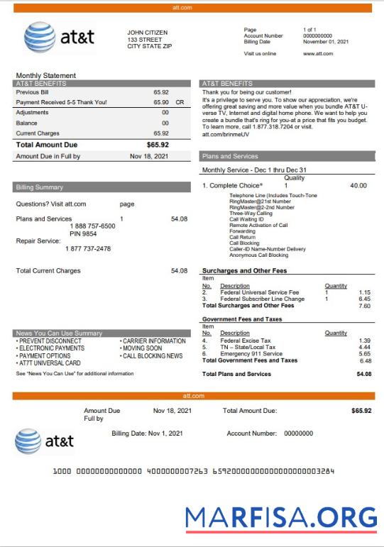 Реалистичный США Texas AT&T telecommunications Счёт за коммунальные услуги Счёт Шаблон in Word and PDF Формат