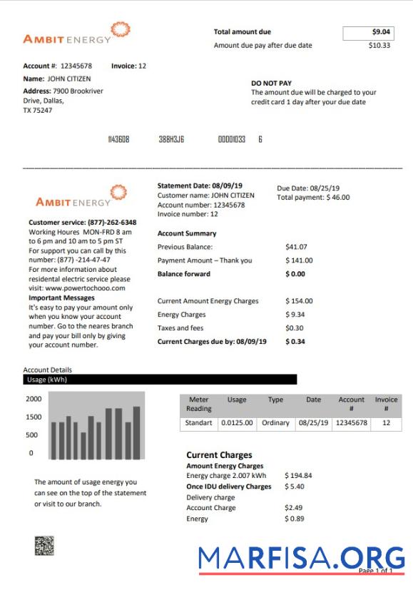 Профессиональный США Texas Ambit Energy Счёт за коммунальные услуги Счёт Шаблон in Word and PDF Формат