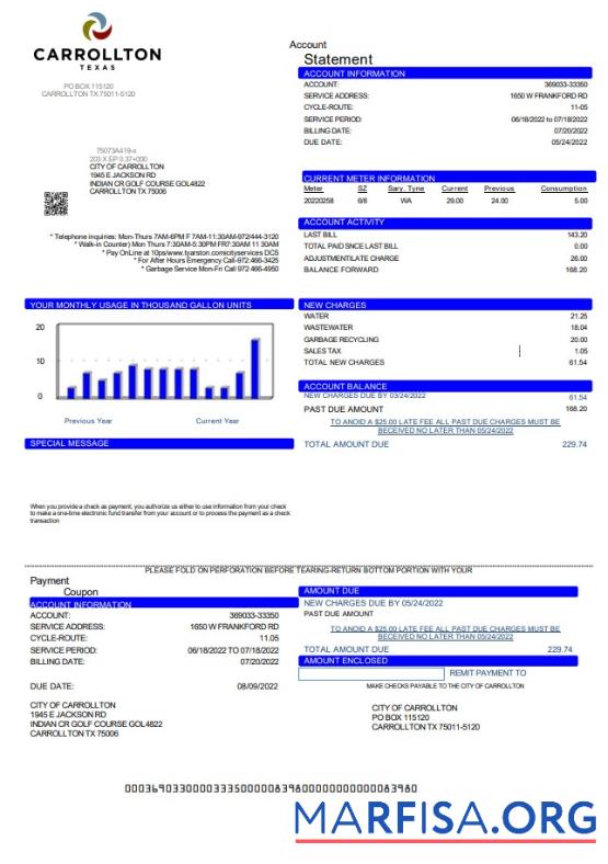 Редактируемый США Texas Carrollton Счёт за коммунальные услуги Счёт Шаблон in Word and PDF Формат