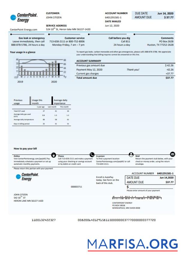 Высокое Качество США Texas Center Point Energy Счёт за коммунальные услуги Счёт Шаблон in Word and PDF Формат