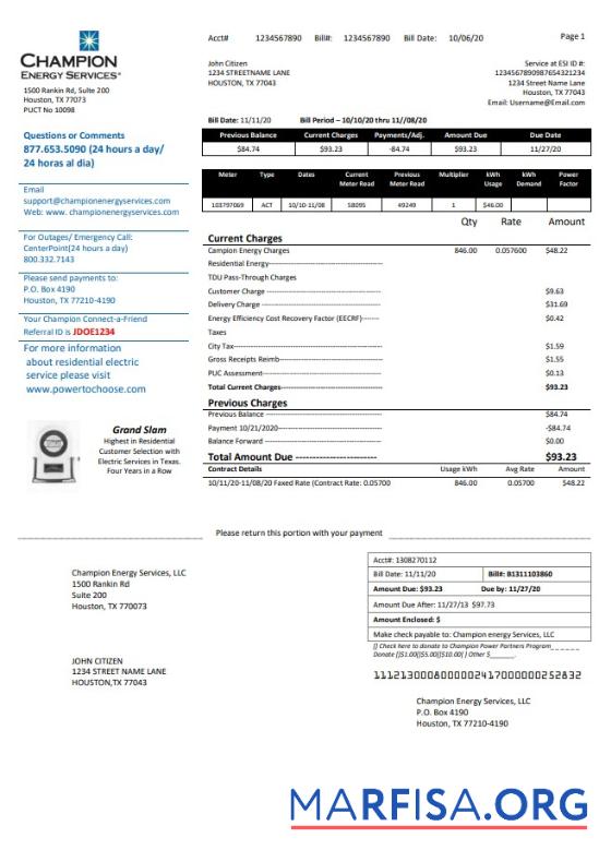 Редактируемый США Texas Champion Energy Services proof of address Счёт за коммунальные услуги Счёт Шаблон in Word and PDF Формат