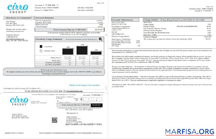 Реалистичный США Texas Cirro Energy Счёт за коммунальные услуги Счёт Шаблон in Word and PDF Формат (3 pages) 1 2