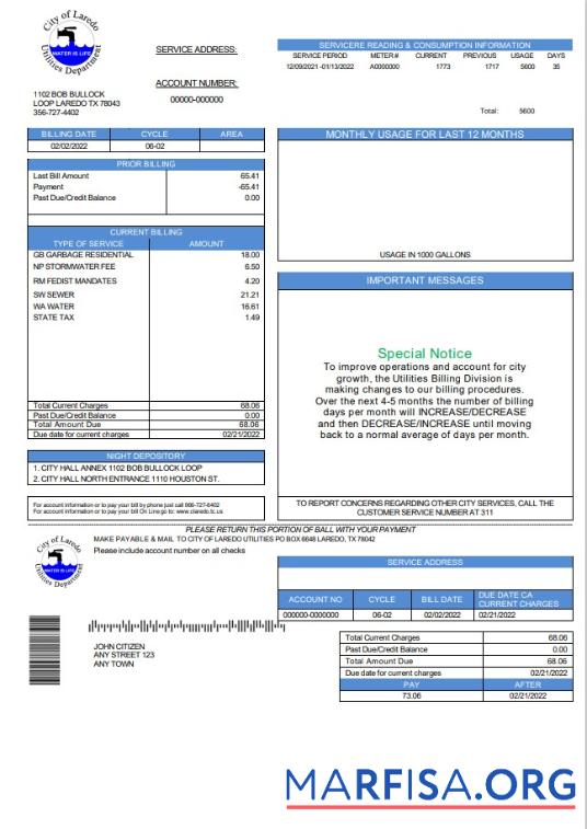 Премиум США Texas City of Laredo Utilities Department Вода Счёт за коммунальные услуги Счёт Шаблон in Word and PDF Формат