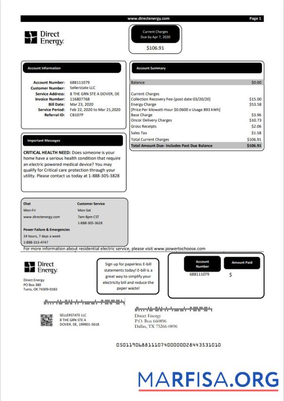 Премиум США Texas Direct Energy Счёт за коммунальные услуги Счёт Шаблон in Word and PDF Формат