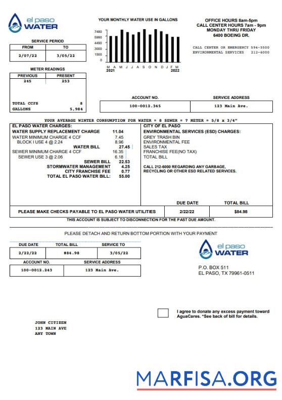 Реалистичный США Texas El Paso Вода Счёт за коммунальные услуги Счёт Шаблон in Word and PDF Формат