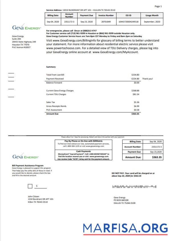 Высокое Качество США Texas Gexa Energy Счёт за коммунальные услуги Счёт Шаблон in Word Формат